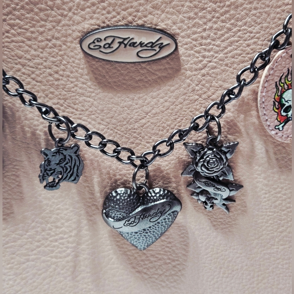 NEW Ed Hardy Satchel Lite Pink Handbag with Charms 10.5"x8.5"x4" - Picture 7 of 8